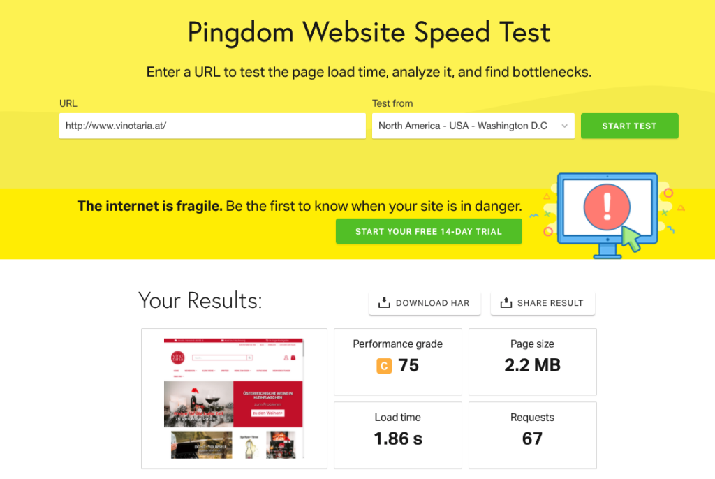 Pingdom Seitenladegeschwindigkeit messen